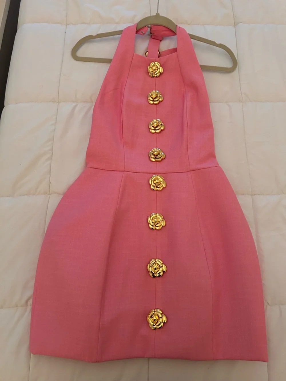 Original atoir Pink Halter Mini Dress with Gold Floral Buttons Down Back - Picture 2 of 4